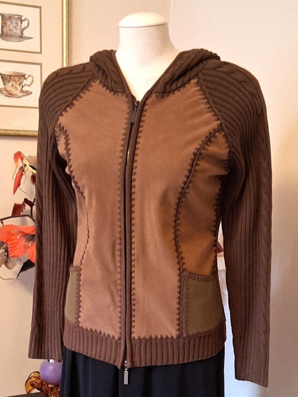 Quality Structured Knit Zip-Up Cardigan Brown Hooded Sweater Women M